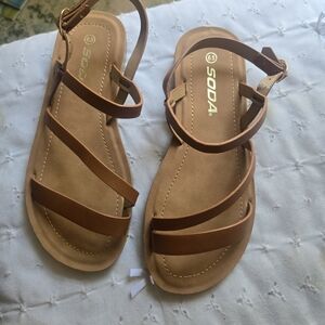 SODA Women's Tan Strappy Flat Sandals